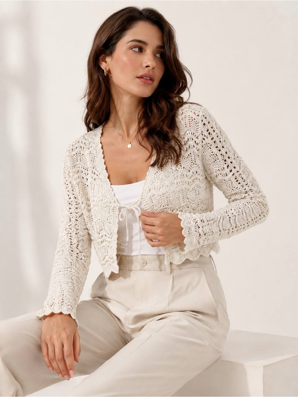 Sincerely Jules Women's Crochet Bolero Shrug Ivory Tie Front Size S